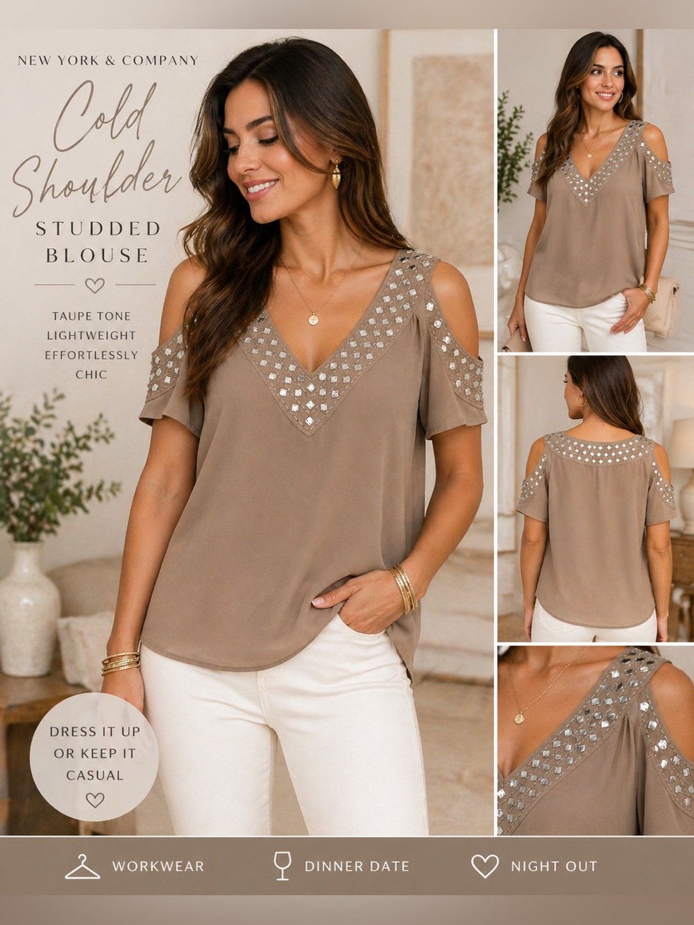 New York & Company Studded Cold Shoulder Blouse Taupe Beaded V-Neck Top Size M